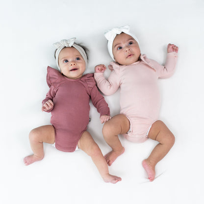 Ribbed Long Sleeve Ruffle Leotard in Blush