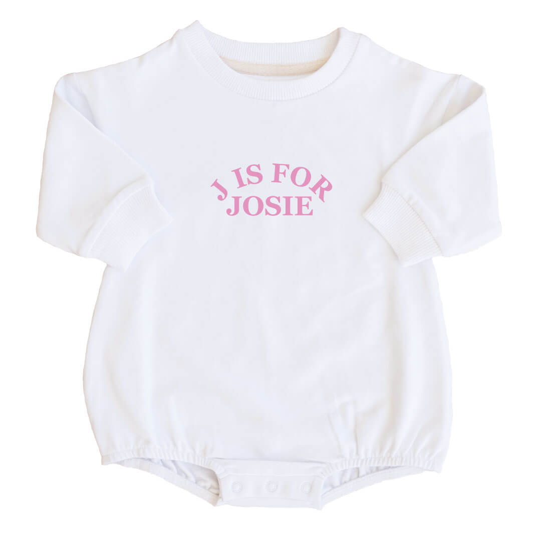 Personalized Pink My Name Graphic Sweatshirt Bubble Romper | White